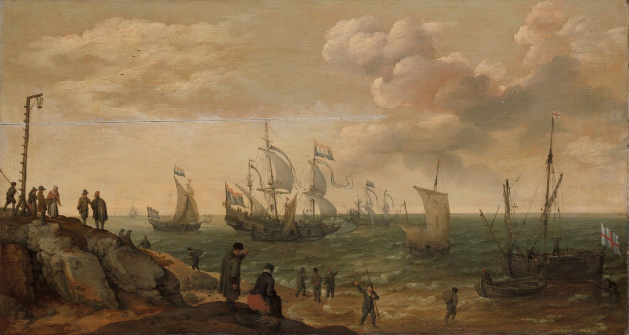 Schepen voor een kust door Adam Willaerts