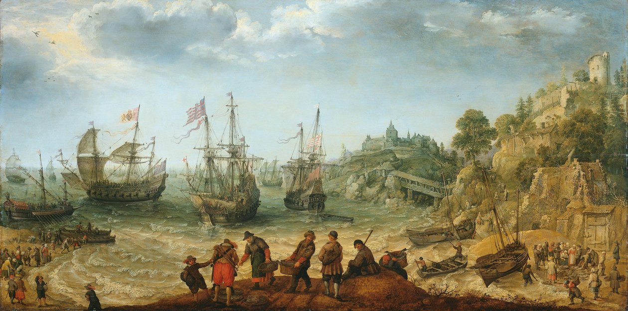 Schepen voor een rotsachtige kust door Adam Willaerts