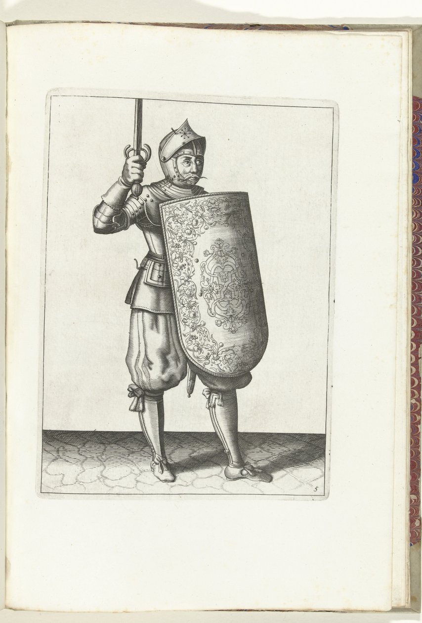 De exercitie met de targe en rapier: de soldaat houdt de getrokken rapier niet hoger dan zijn gezicht (nr. 5), 1618 door Adam van Breen