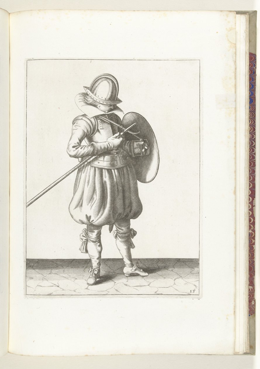 De exercitie met schild en spies: de soldaat houdt spies en schild dicht bij het lichaam (nr. 15), 1618 door Adam van Breen