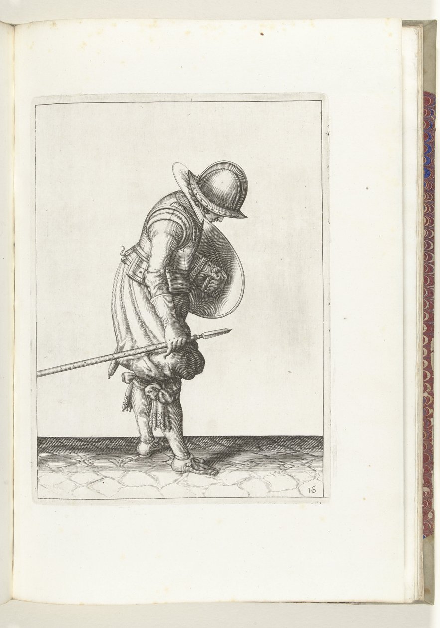 De exercitie met schild en spies: de soldaat legt de spies naast zijn rechtervoet op de grond (nr. 16), 1618 door Adam van Breen