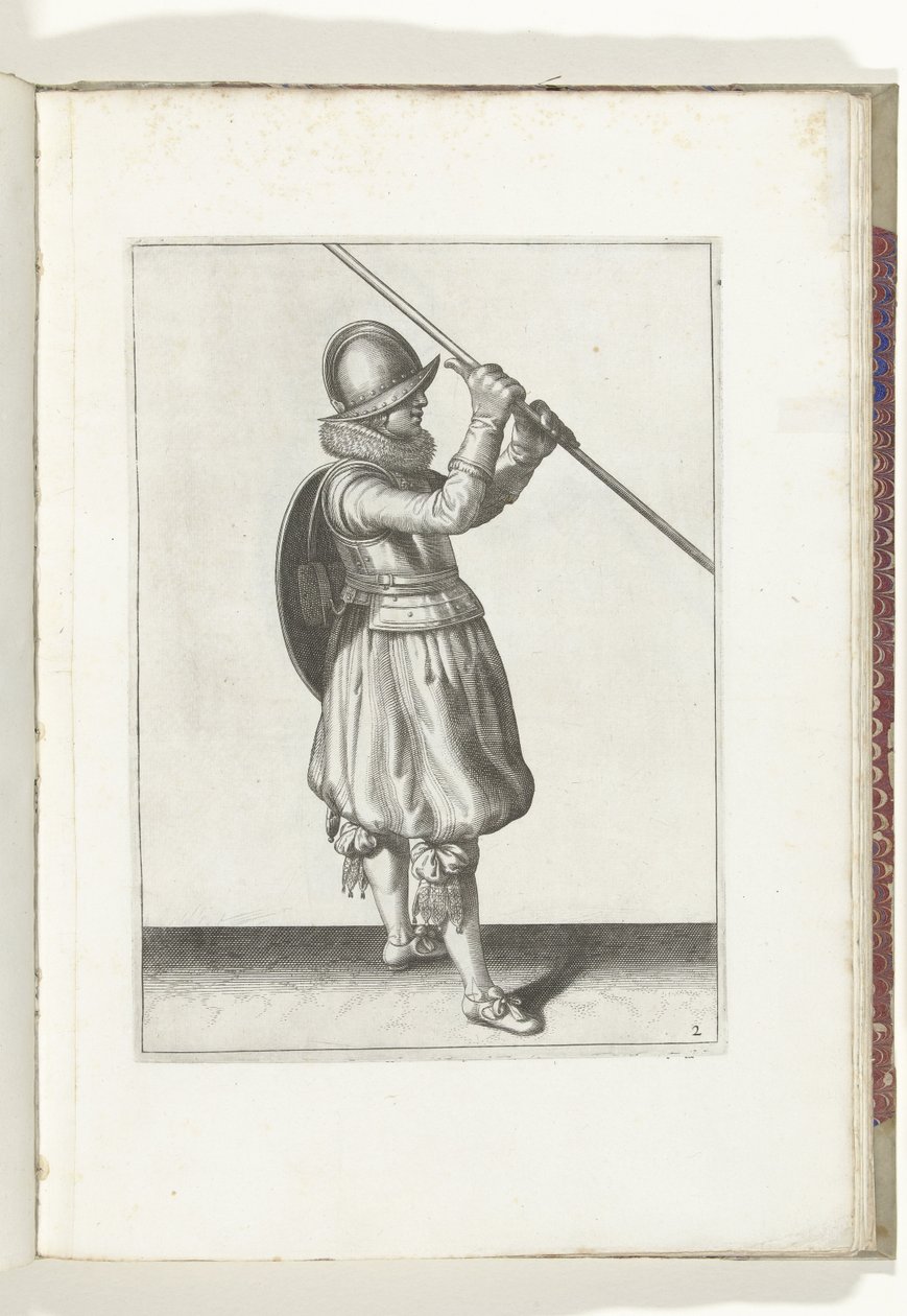 De exercitie met schild en spies: de soldaat met de spies schuin in beide handen en het schild op de rug (nr. 2), 1618 door Adam van Breen