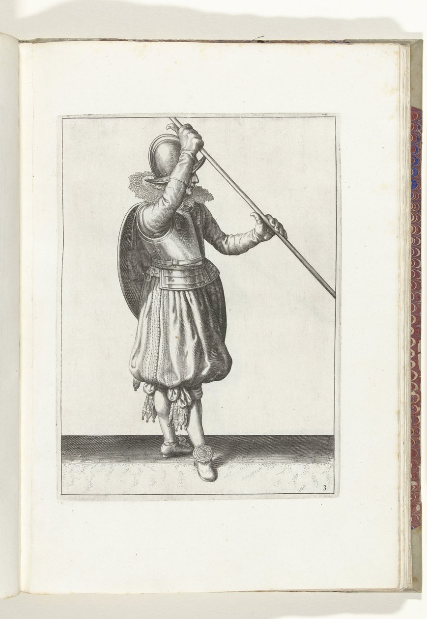 De exercitie met schild en spies: de soldaat met de spies schuin in beide handen met de rechterhand bij het hoofd en het schild op de rug (nr. 3), 1618 door Adam van Breen