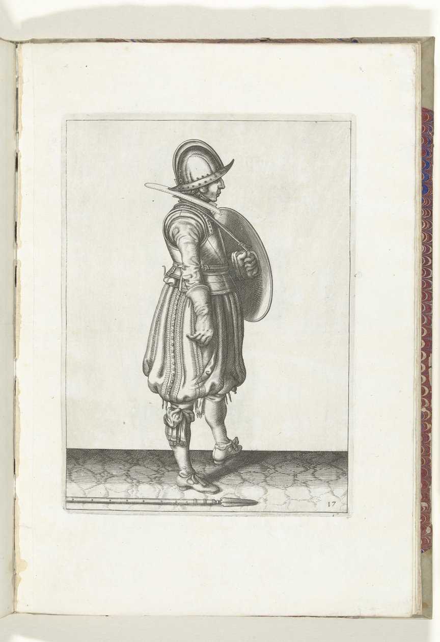 De exercitie met schild en spies: de soldaat met het schild gereed en de spies naast zijn rechtervoet op de grond (nr. 17), 1618 door Adam van Breen