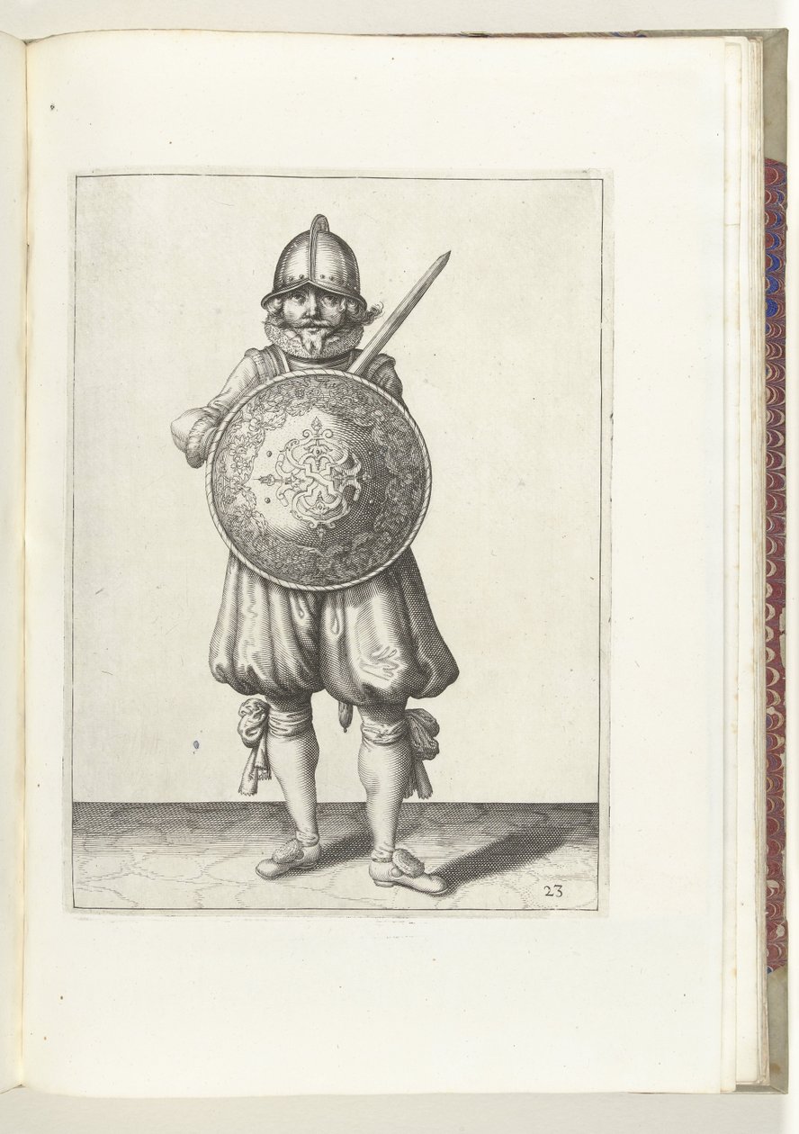 De exercitie met schild en spies: de soldaat staande in rust zijn rapier rustend op de linkerschouder achter het schild (nr. 23), 1618 door Adam van Breen