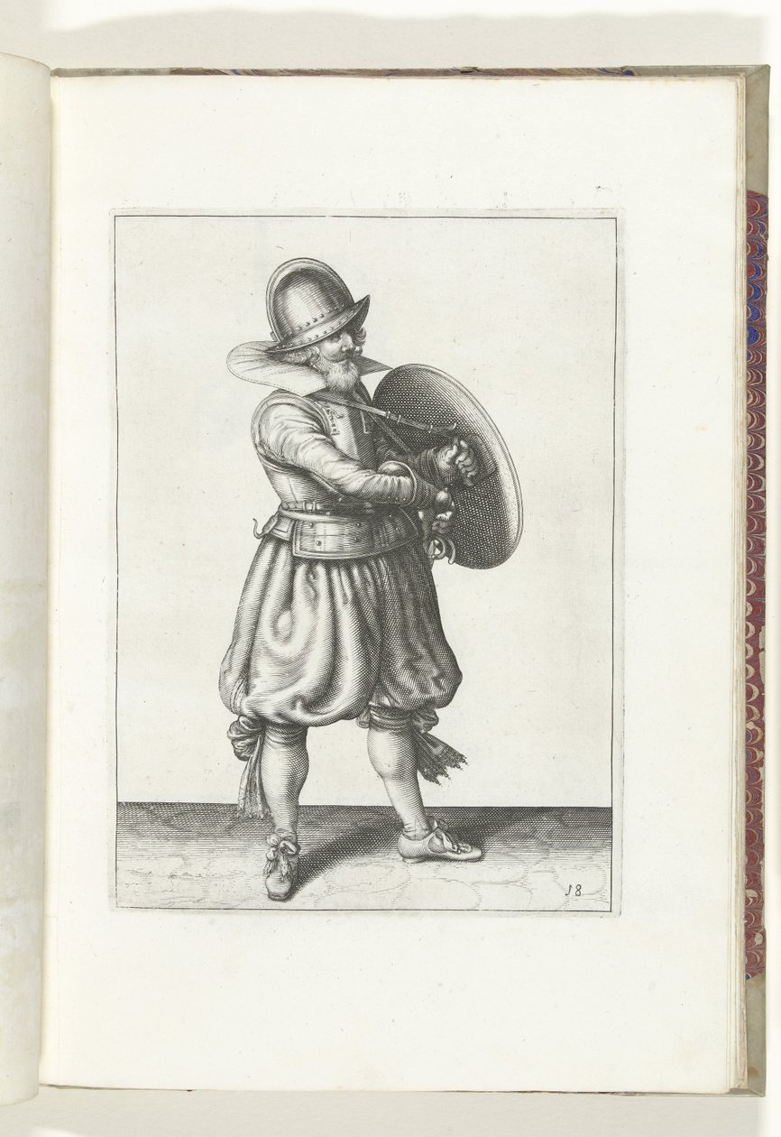 De exercitie met schild en spies: de soldaat trekt zijn rapier van achter zijn schild (nr. 18), 1618 door Adam van Breen