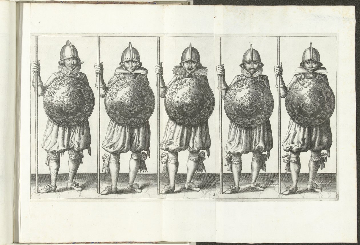 De exercitie met schild en spies: vijf soldaten staande naast elkaar in het gelid met de spies in de rechterhand rustend op de grond en het schild voor de borst (nr. 31), 1618 door Adam van Breen