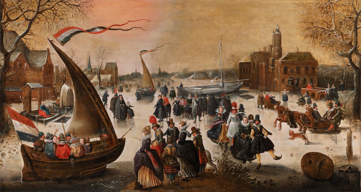 Winterlandschap met elegante schaatsers op een bevroren meer, ijsbrekers en een stad in de verte door Adam van Breen