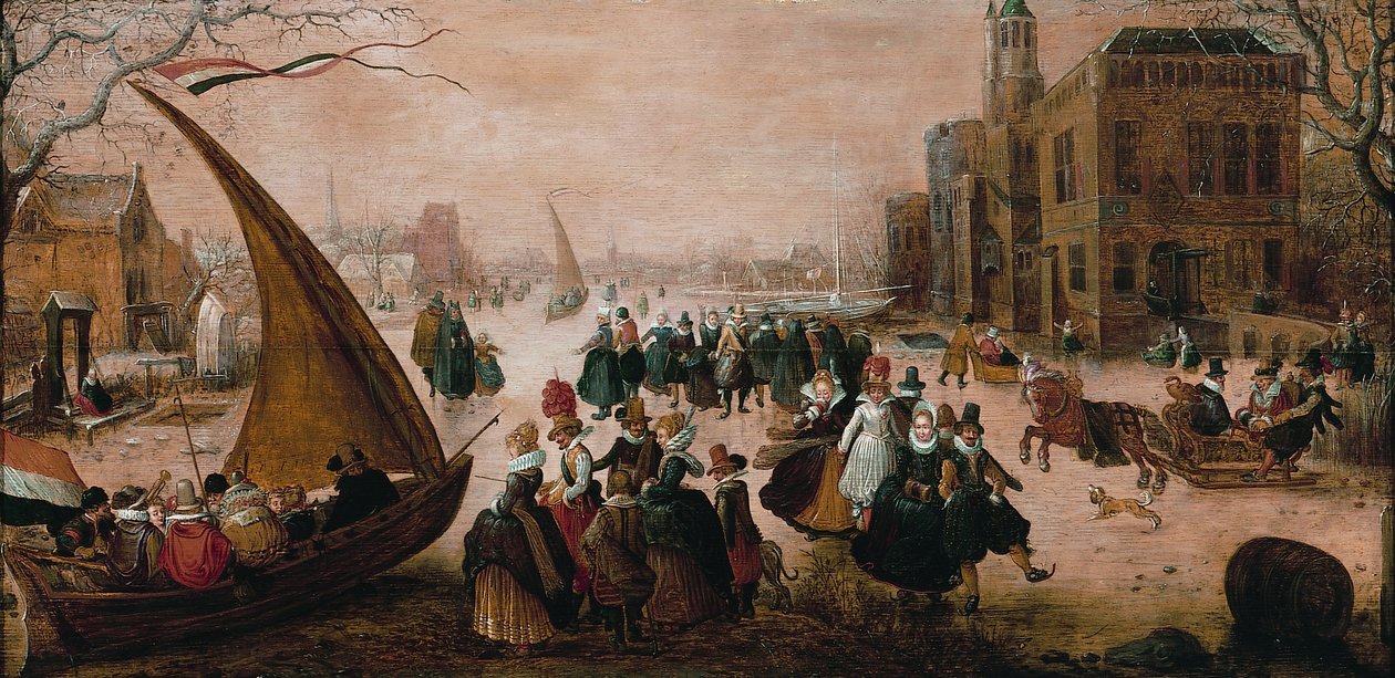 Winterlandschap met talrijke elegant geklede figuren die schaatsen op een bevroren rivier, met een ijsjacht door Adam van Breen