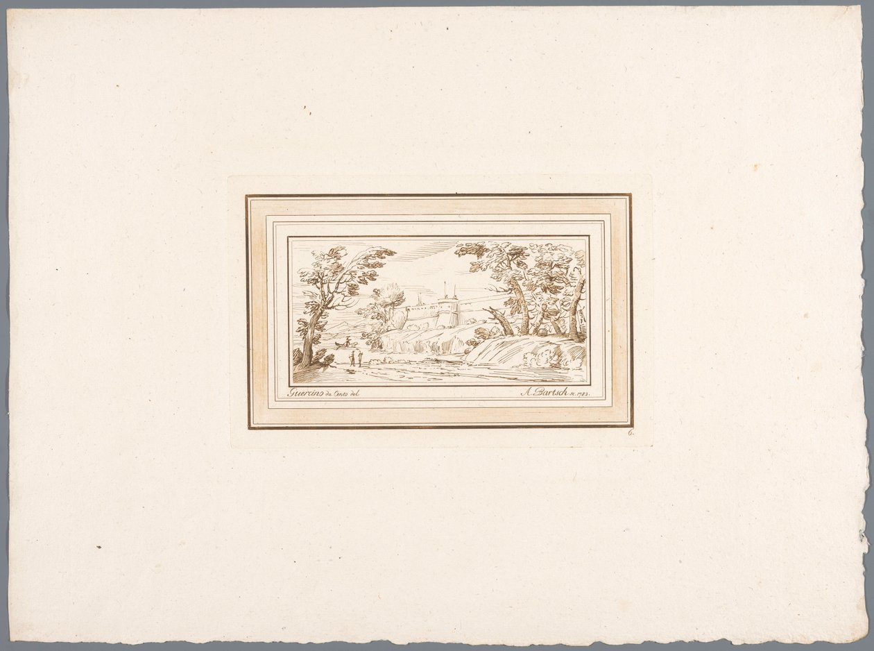 Rivierlandschap met de muur van een vesting door Adam von Bartsch