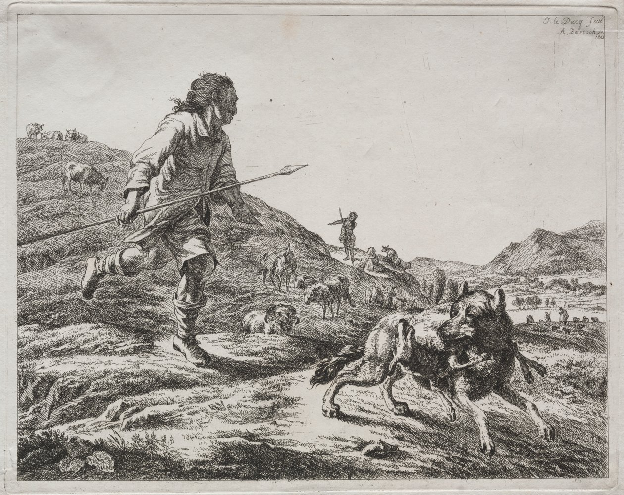 Herder die een wolf achtervolgt door Adam von Bartsch