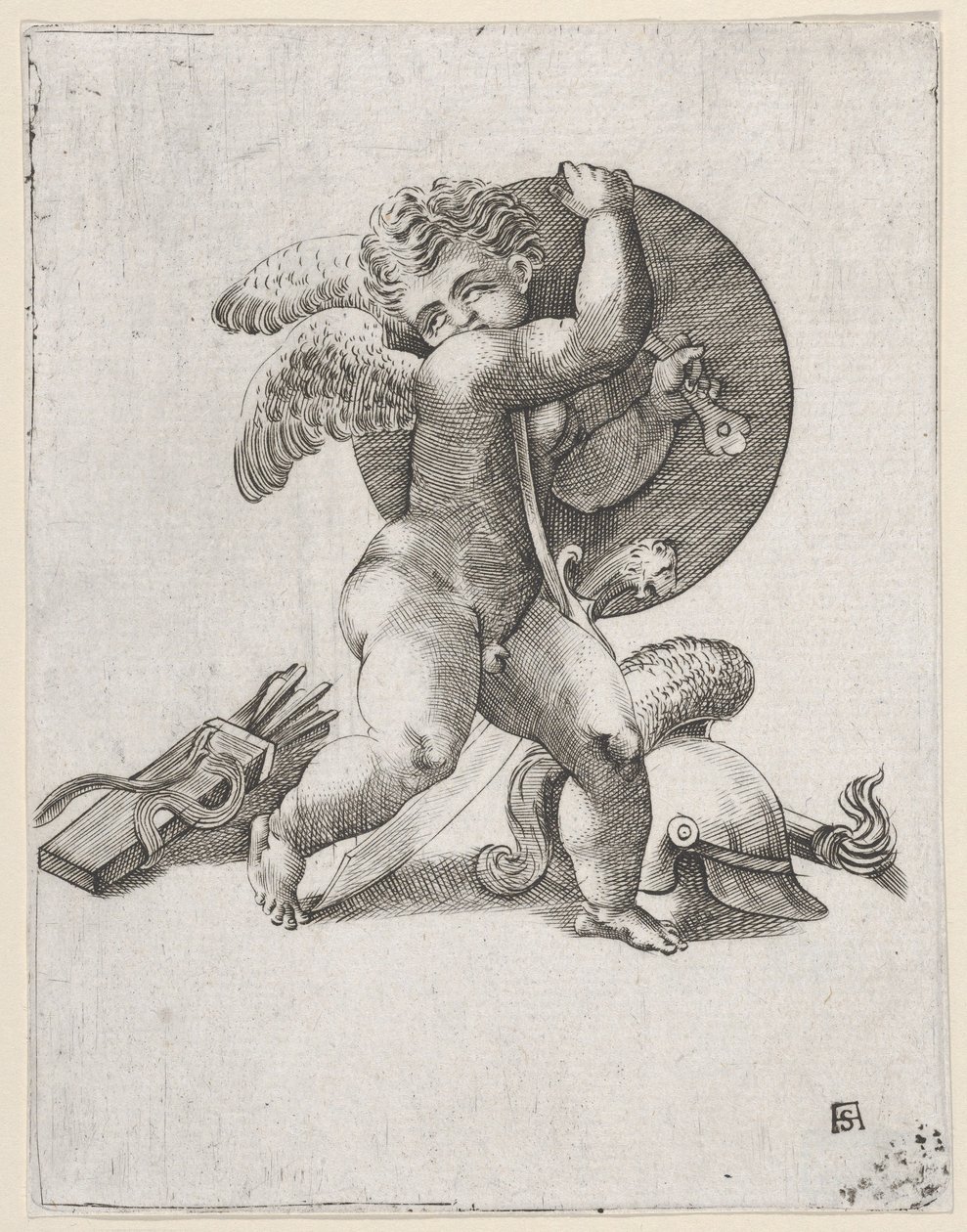Cupido met de Wapens van Mars door Adamo Scultori
