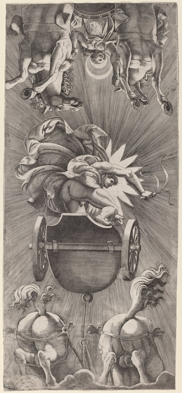 De ondergang van de zon met de strijdwagens van Apollo en Diana door Adamo Scultori after Giulio Romano