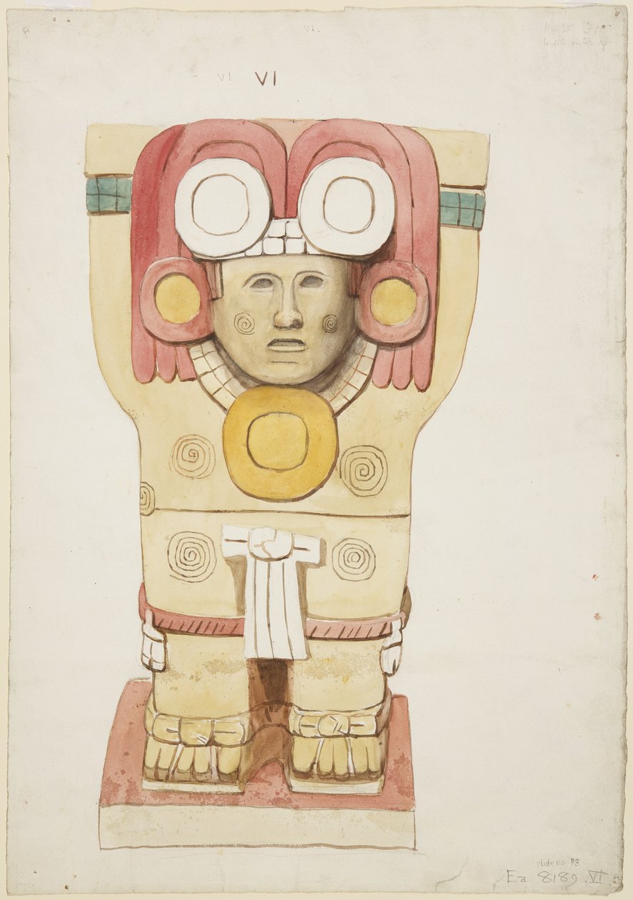 Kariatide uit de buitenkamer, Tempel A, balspelbaan, Chichen Itza, Mexico door Adela Breton