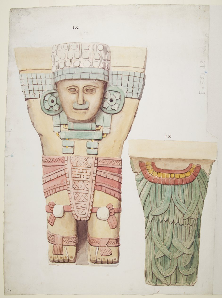 Kariatide uit de buitenkamer, Tempel A, balspelveld Chichen Itza, Mexico door Adela Breton