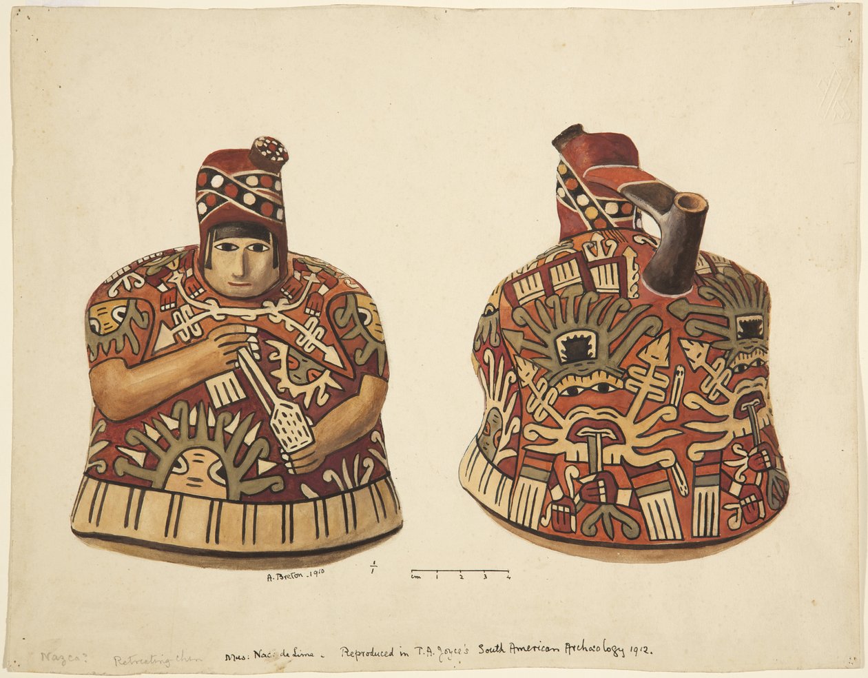 Container met een menselijke figuur aan één kant en een tuit achter het hoofd uit Nazca, Peru door Adela Breton
