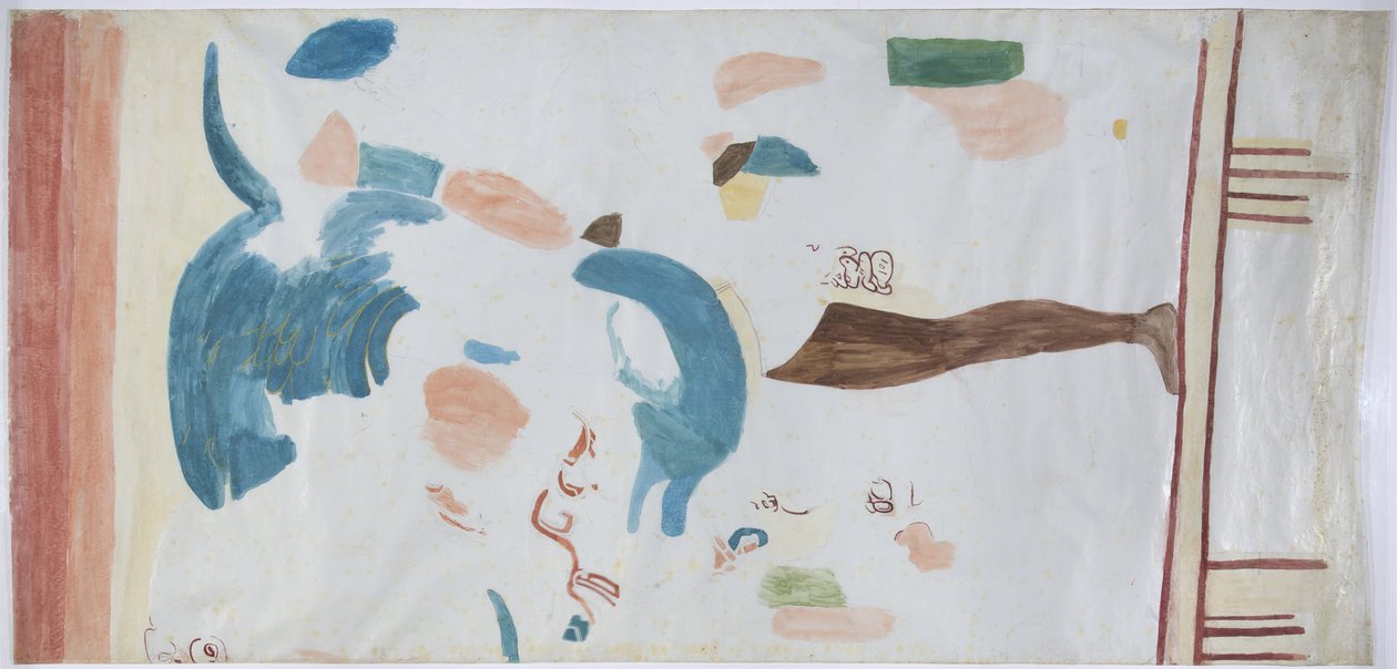 Kopie van een muurschildering uit kleine kamer Acanceh, Mexico Potloodlijnen en aquarel In drie delen door Adela Breton