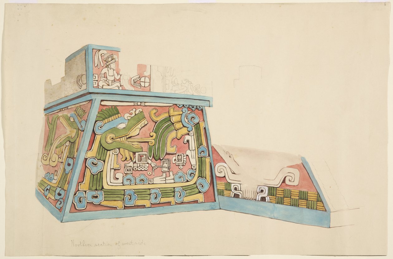 Schilderij van een stenen reliëf uit Xochicalco, Mexico door Adela Breton