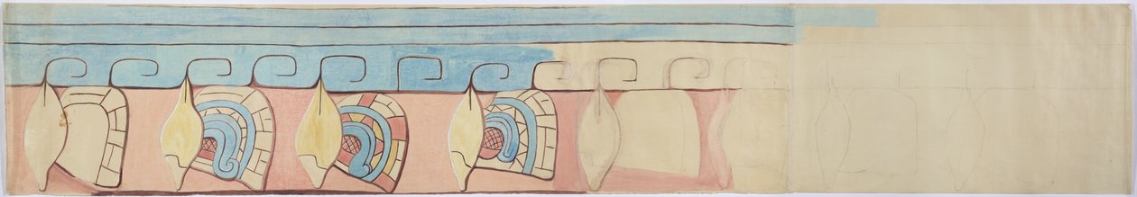 Schilderij van het bovenste register van de stucfries in Acanceh, Mexico door Adela Breton