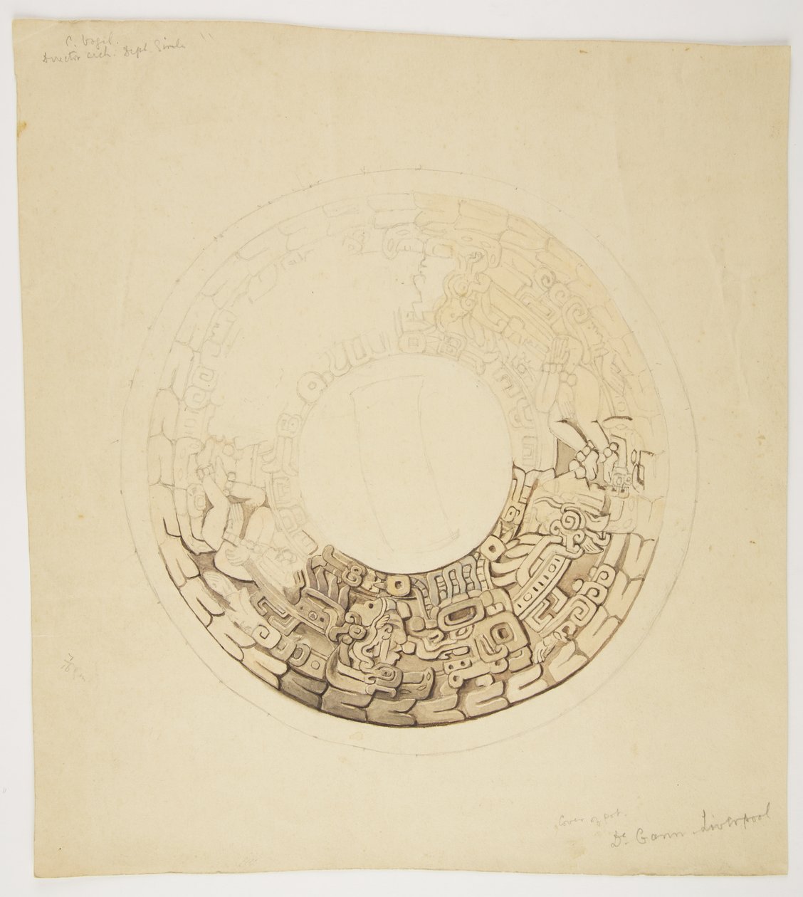 Potdeksel uit Belize (voorheen Brits Honduras) Circulair ontwerp, waarvan een deel ontbreekt, toont een ontwerp met figuren van mannen, glyphs enz. door Adela Breton
