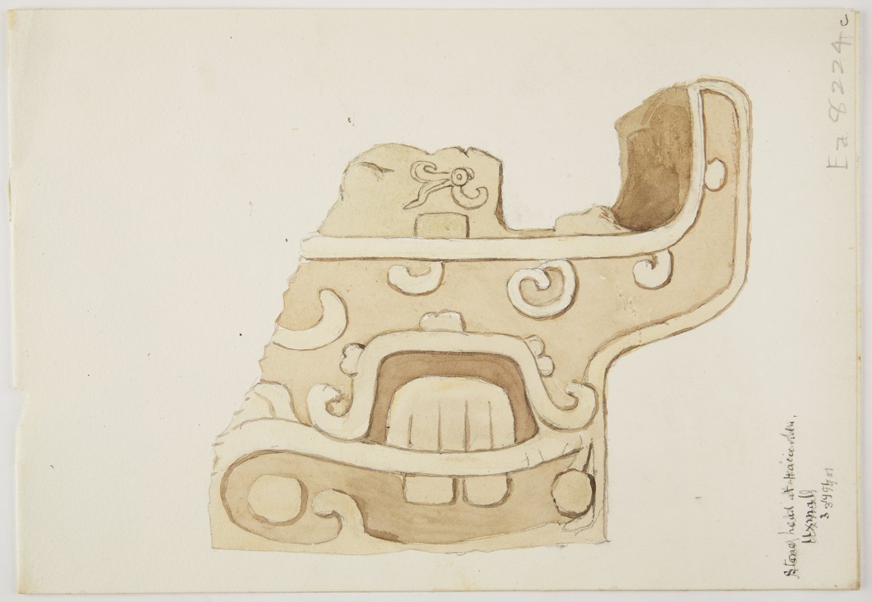 Ruïnes/stenen reliëfs bij de tempel in Uxmal, Mexico Afbeelding van een deel van stenen gravure (aquarel) door Adela Breton