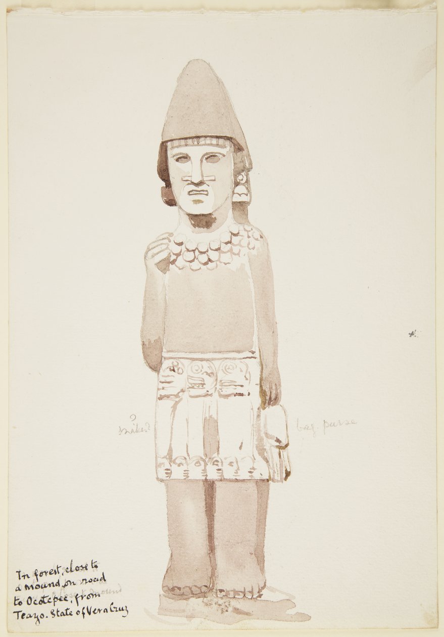 Standbeeld uit Teayo, noord Veracruz, Mexico (stenen standbeeld met mannelijke figuur in rok) door Adela Breton