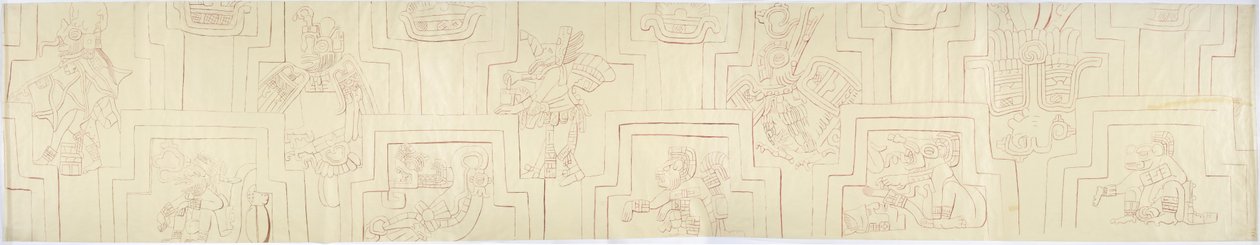 Overtrek van een geschilderd reliëf van geschilderde stucwerkreliëfs van de gevel van een heuvel of piramide in Acanceh, Mexico door Adela Breton