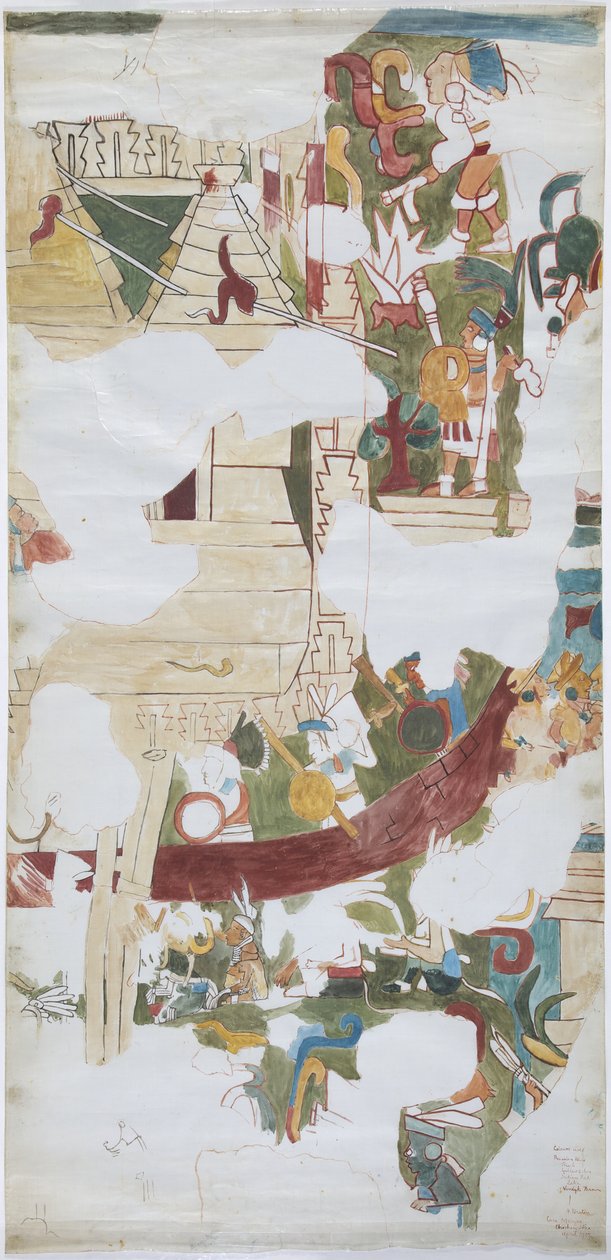 Aquarel op linnenachtig papier, overtrek van een muurschildering van een gewelf in een grote kamer in Casa de Monjas, Chichen Itza, Mexico door Adela Breton
