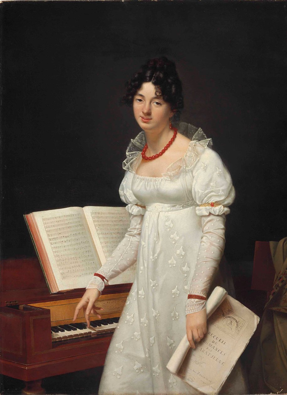 Portret van een dame naast een pianoforte met een manuscript in de hand door Adele Romany