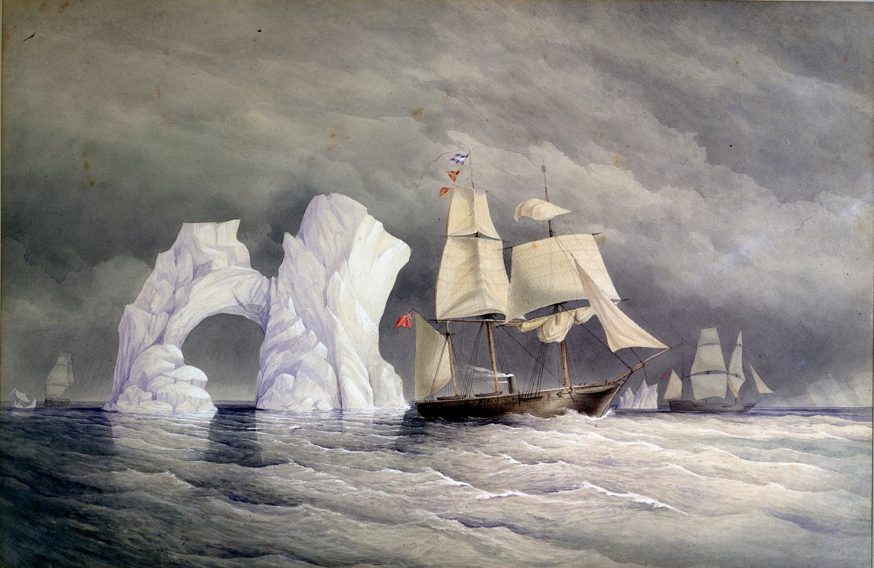 Britse schepen Phoenix, Talbot en Diligence die een ijsberg passeren (Arctisch Canada). Aquarel (58x88 cm), door Edward Augustus Inglefield (1820-1894) door Admiral Edward Augustus Inglefield