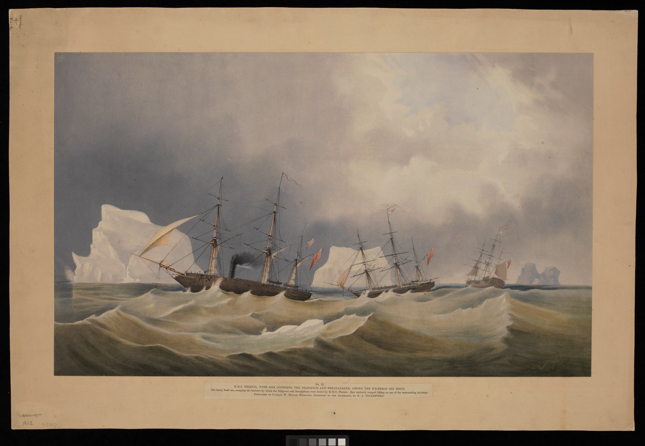 H.M.S. Phoenix met haar begeleiders, The Diligence en Breadalbane, tussen de ijsbergen door Admiral Edward Augustus Inglefield