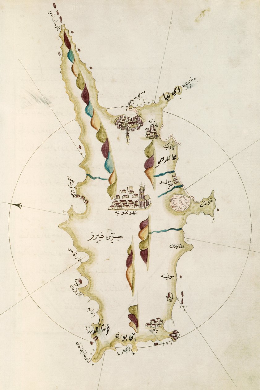 Kaart van het eiland Cyprus, illustratie uit Portolano-atlas door admiraal Piri Reis door Admiral Piri Reis