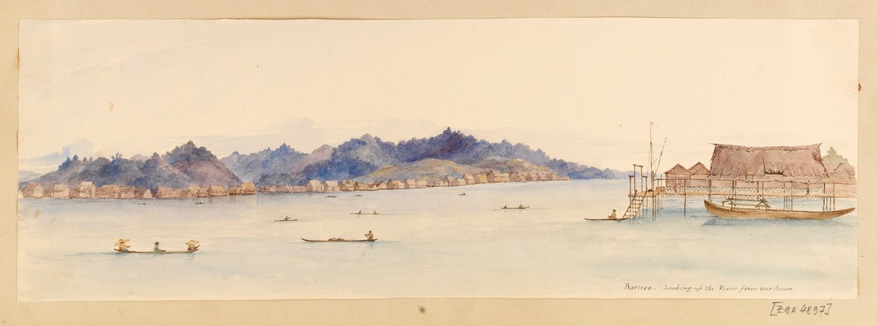 Borneo - Uitzicht op de Rivier vanuit ons huis uit West-Indië, Noord-Amerika en Borneo plakboek, ca. 1845 door Admiral Sir Edward Gennys Fanshawe