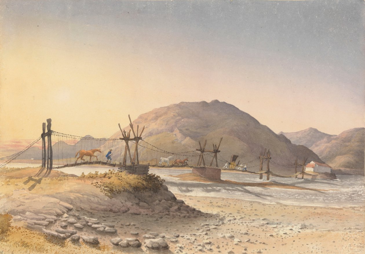 Hangbrug van huidriemen (maar gerepareerd met ketting) over de Maypu, vijf mijl ten zuiden van Santiago, Chili, 11 januari 1851 door Admiral Sir Edward Gennys Fanshawe
