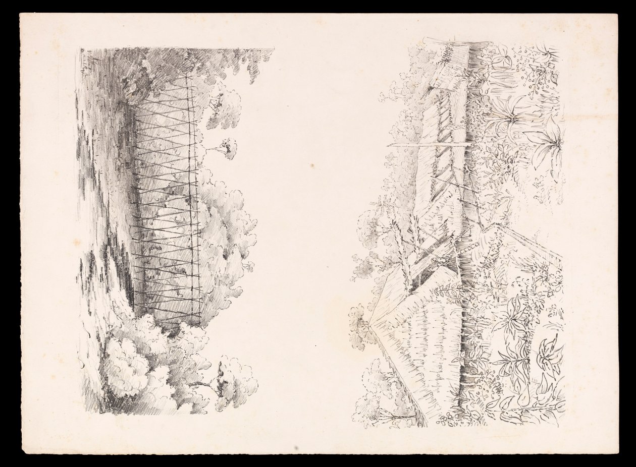 Dorp van de Stang-stam, Sarawak, Borneo; en een brug van palen over een rivier uit West-Indië, Noord-Amerika en Borneo plakboek, ca. 1845 door Admiral Sir Edward Gennys Fanshawe