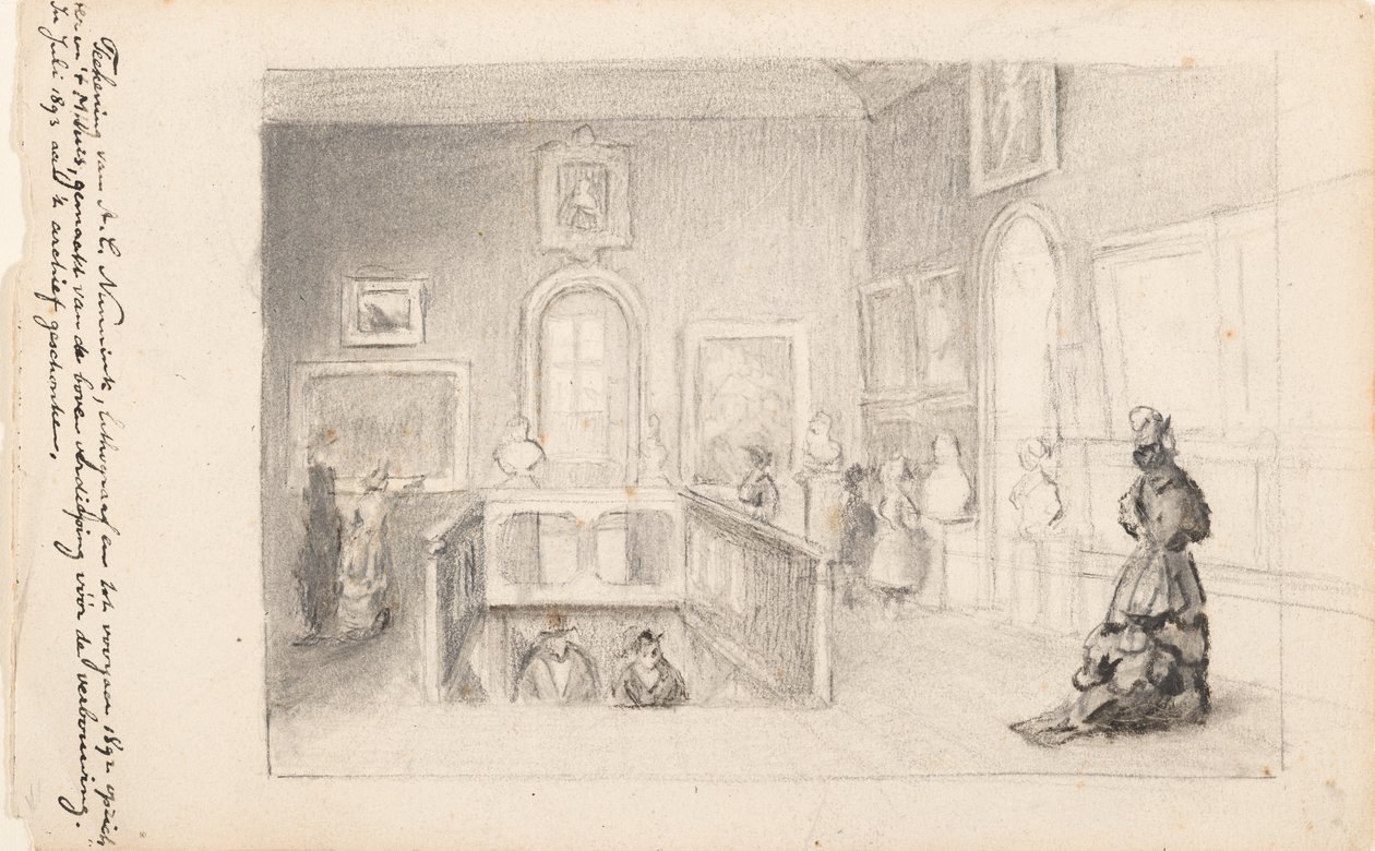 Bezoekers in de Trapzaal in het Mauritshuis door Adolf Carel Nunnink
