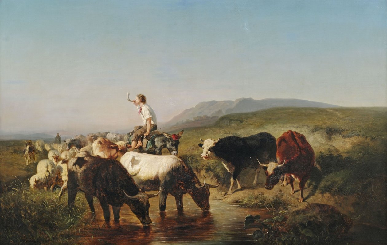 Kudde vee en schapen met een jongen op een ezel in een weids landschap door Adolf Schreyer