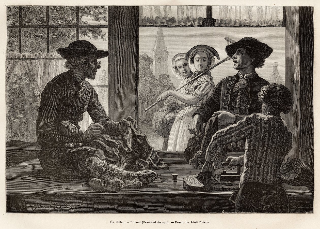 Een kleermaker en zijn leerling, werkend aan de rand van het raam om te genieten van het licht en het schouwspel van de voorbijgangers op straat, in Rilland (Zuid-Beveland), gravure naar de tekening van Adolf Dillens, ter illustratie van een reis naar Zela door Adolf Alexander Dillens