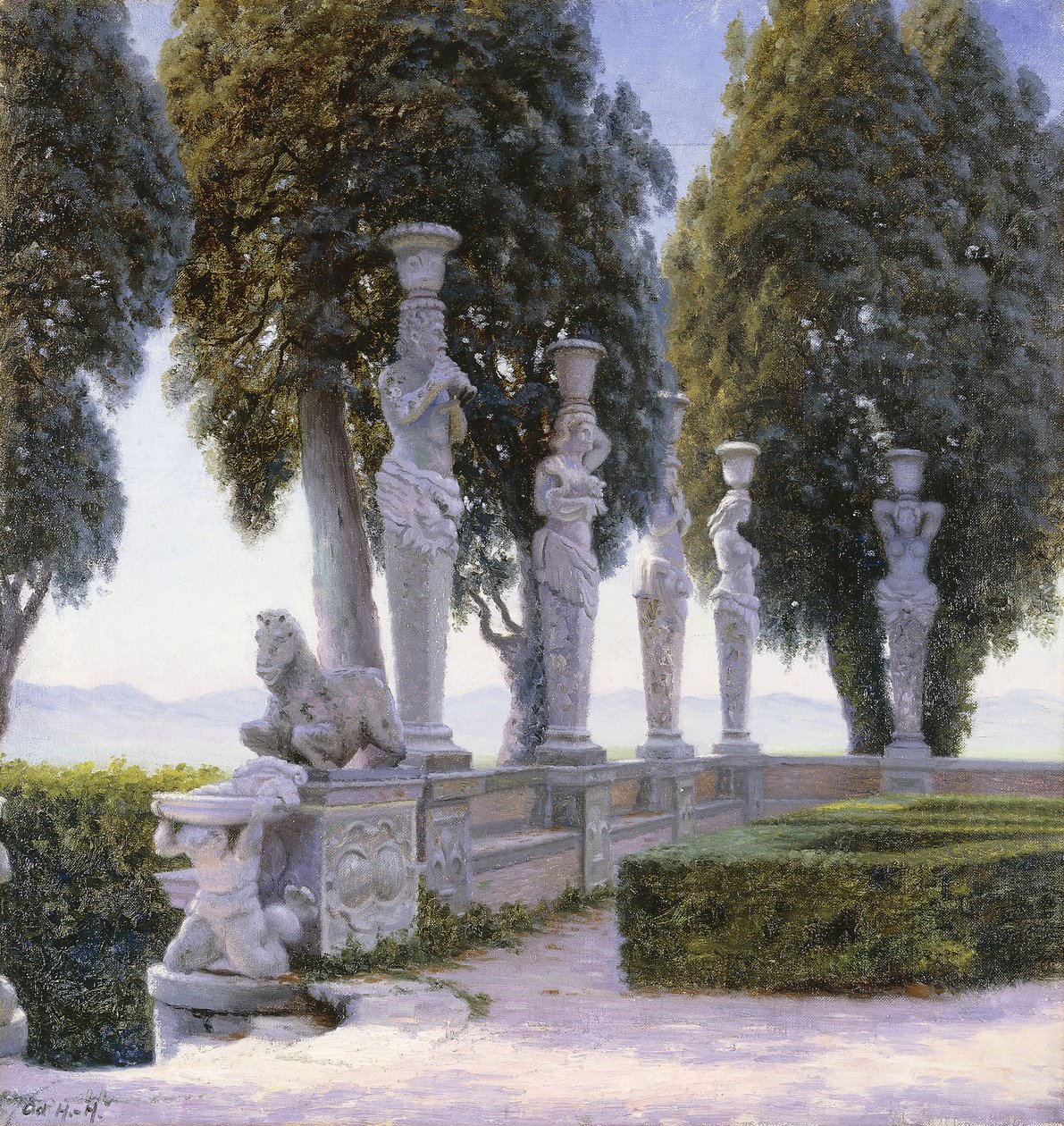 Plein met kariatiden in de tuinen van de Villa Farnese, Caprarola door Adolf Heinrich Hansen