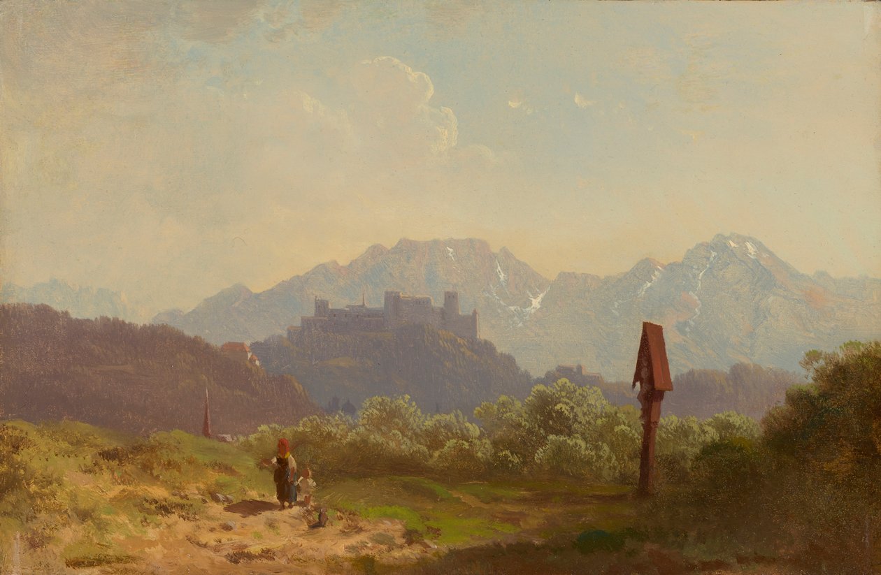 Partij bij Salzburg met uitzicht op de vesting Hohensalzburg en de daarachter oprijzende Untersberg door Adolf Heinrich Lier