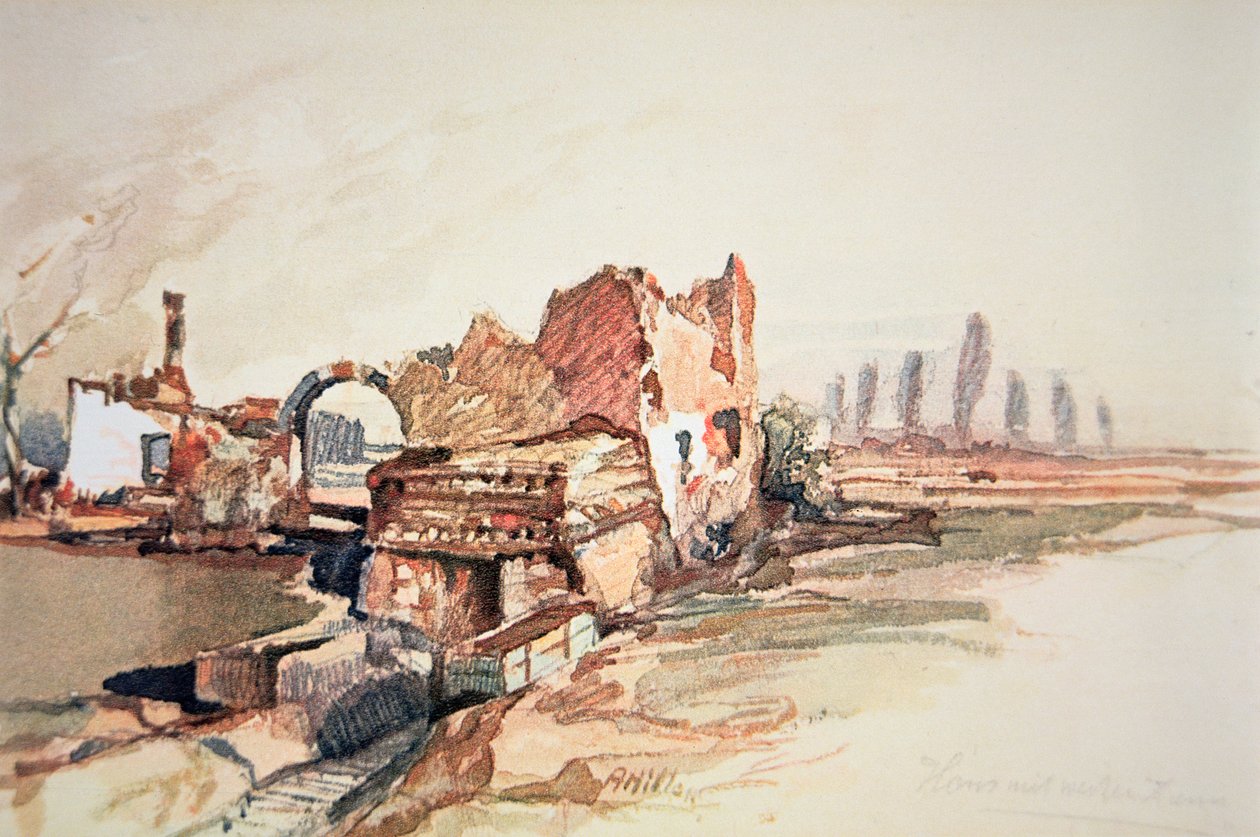 Oorlogsruïnes (aquarel op papier) door Adolf Hitler