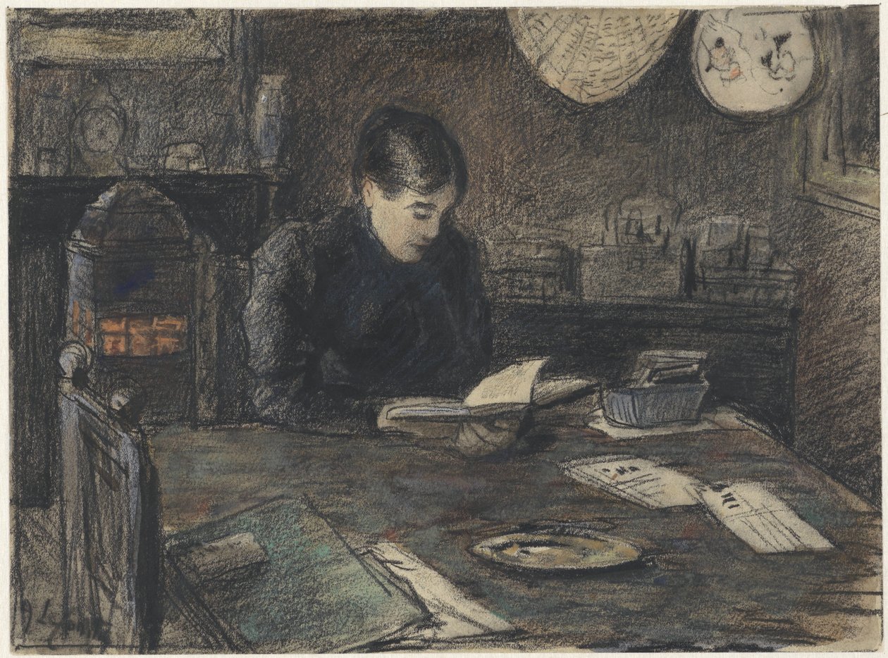 Lezende vrouw aan een tafel door Adolf le Comte