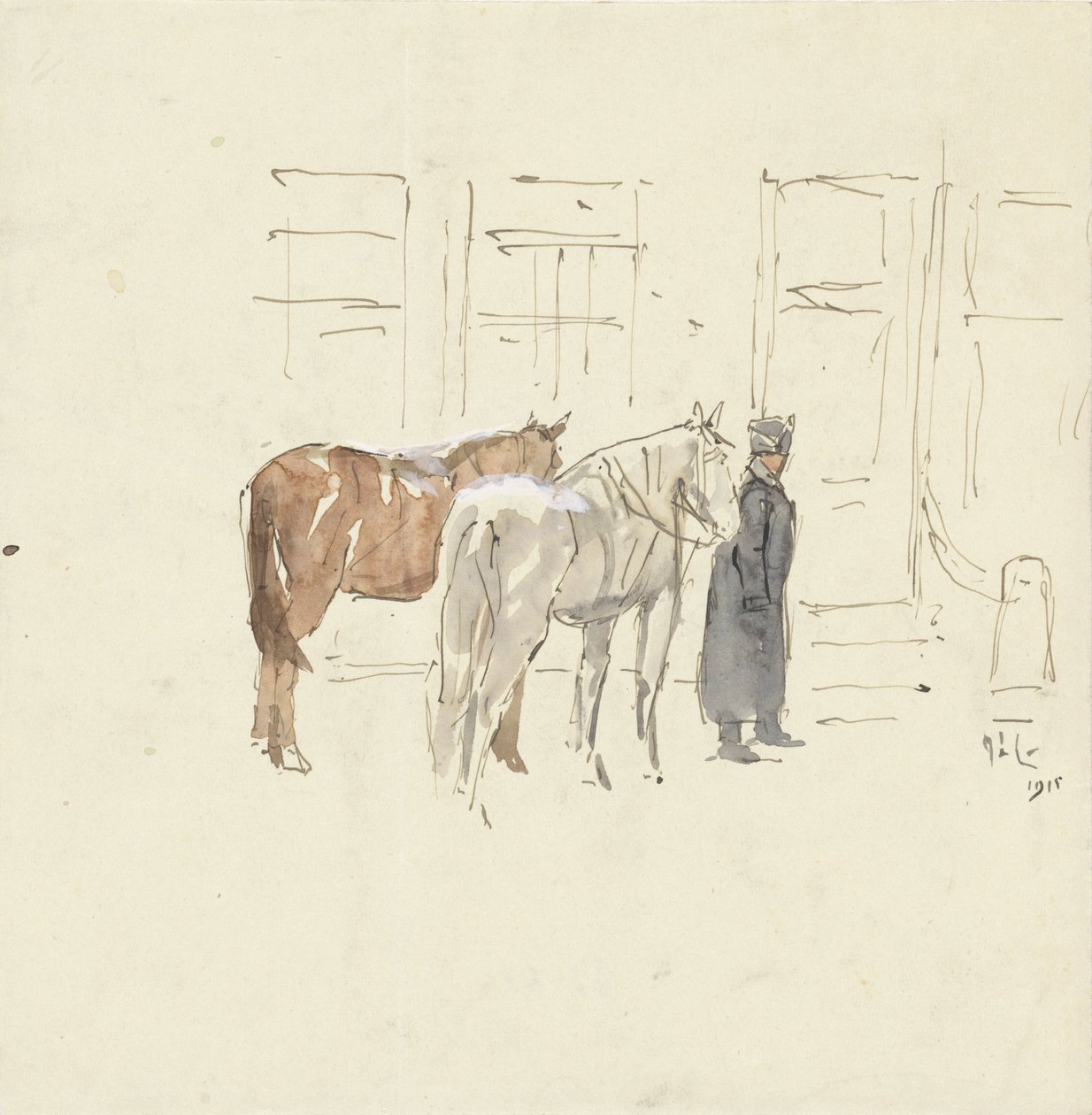 Man met twee paarden voor een gebouw door Adolf le Comte