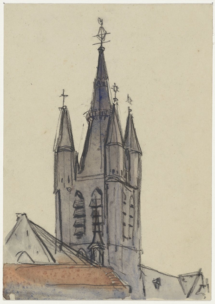 Toren van de Oude Kerk te Delft door Adolf le Comte