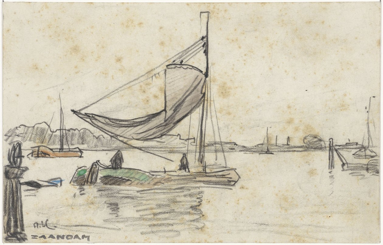 Zeilschepen op de Zaan bij Zaandam door Adolf le Comte