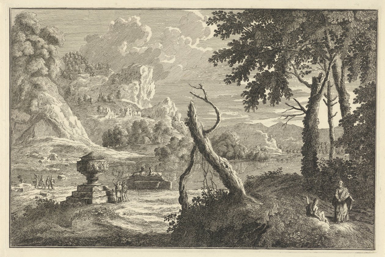 Arcadisch rivierlandschap met gebroken boom door Adolf van der Laan