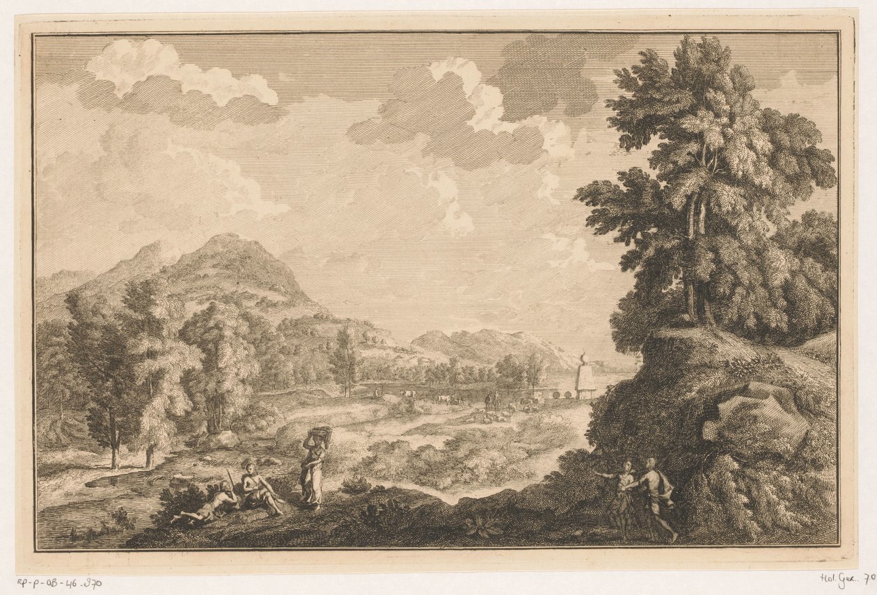 Arcadisch rivierlandschap met herders en vrouw met een wasmand door Adolf van der Laan