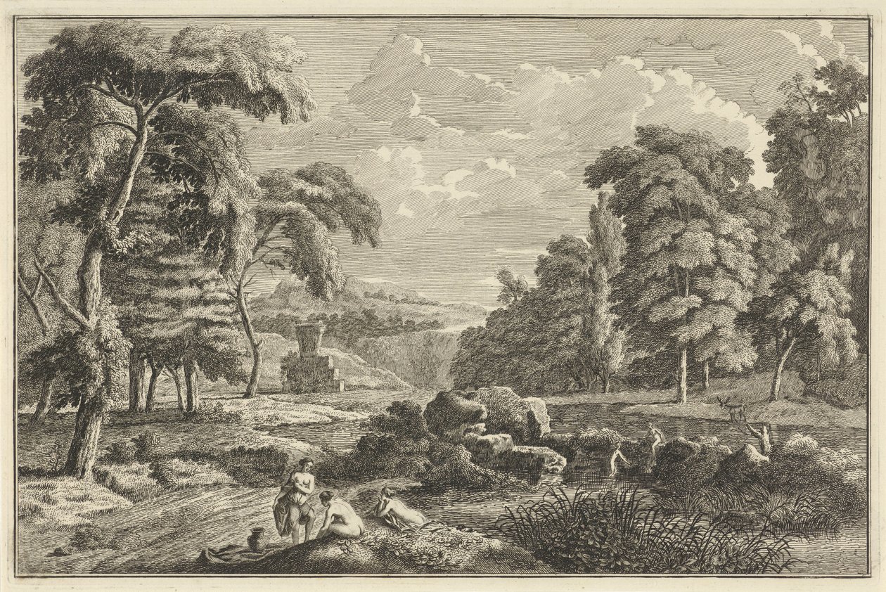 Arcadisch rivierlandschap met vijf badende vrouwen en een hert door Adolf van der Laan