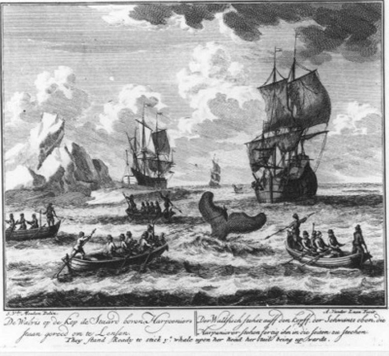„De walvis met de kop naar beneden, de staart omhoog, harpoeniers staan gereed om te lansen“ (nr. 5 uit de serie walvisvaart) door Adolf van der Laan