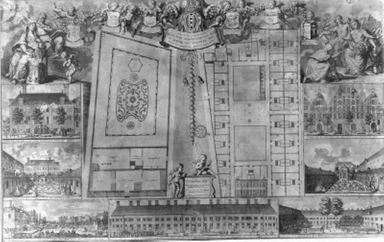 Plattegronden van het voormalige Ouderzijds Huiszittenhuis en het voormalige Huiszitten Weduwenhof door Adolf van der Laan